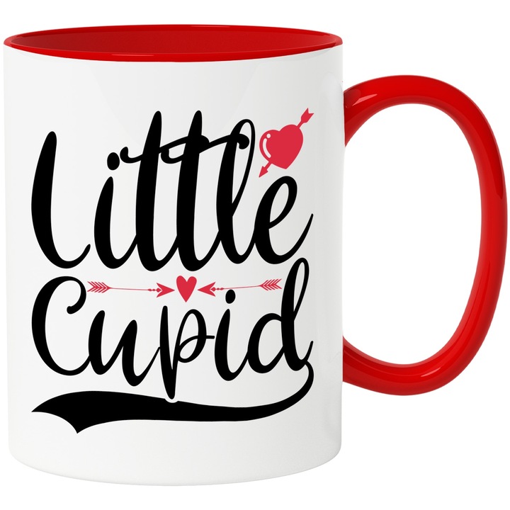 Cana cu inimioare si textul in engleza "Little Cupid" - micul Cupidon Valentine's Day cu Maner Rosu, Ceramica, 330ML
