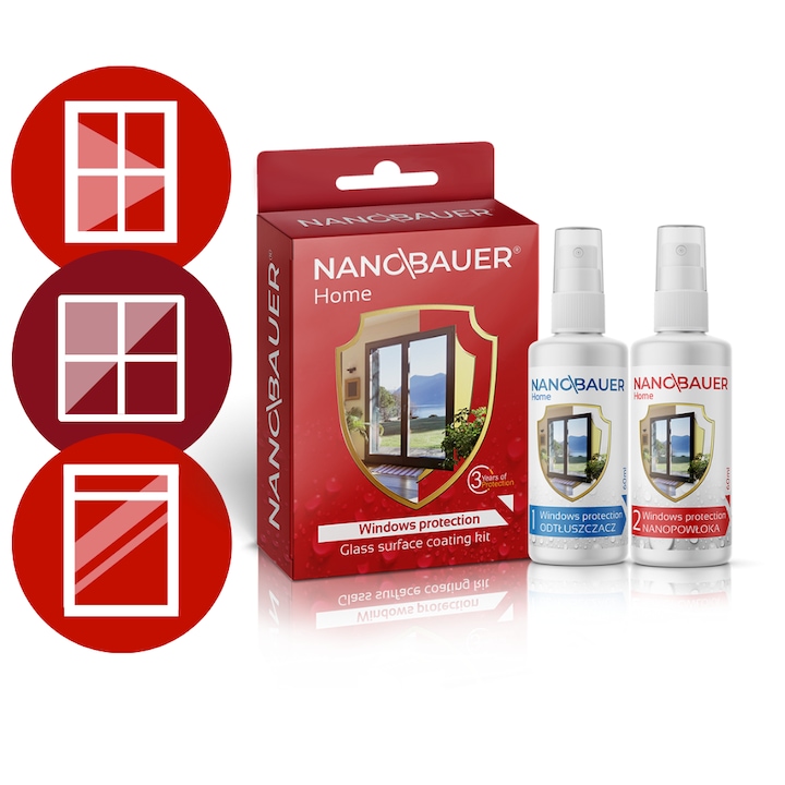 Lichid, impregnant, Solutie de Impermeabilizare, strat hidrofob pentru geamuri si ferestre din sticla, protectie eficienta impotriva murdariei, apei si depunerilor, mentine suprafata curata pe termen lung – Nanobauer Glass Protect 60ml/60ml