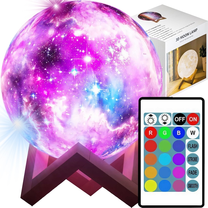 Lampa luna 3D 15 cm, MT Malatec, incarcare USB, 16 culori, telecomanda, suport lemn