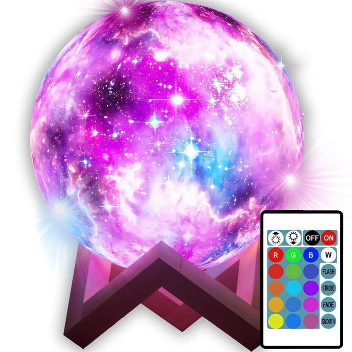 Преносима нощна лампа във формата на луна със звезди Retoo MoonLight с дистанционно управление и вградена батерия, USB зареждане, 16 цвята и 4 режима на светене, сгъваема дървена стойка, диаметър 14 см