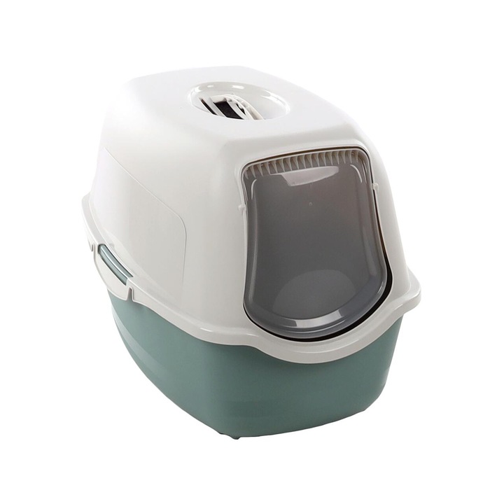 Litiera pentru pisici, FLAMINGO Lexie L, filtru de carbune, cu maner, 56 x 39 x 39.5 cm, verde/alb