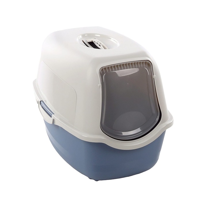 Litiera pentru pisici, FLAMINGO Lexie L, filtru de carbune, cu maner, 56 x 39 x 39.5 cm, albastru/alb