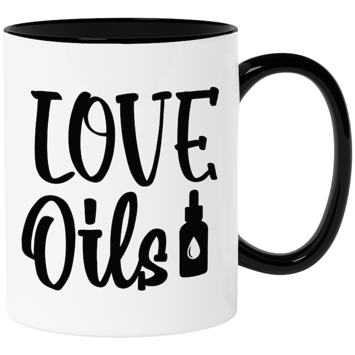 Cana cu textul in engleza "Love oils" - uleiuri de iubire cu Maner Negru, Ceramica, 330ML