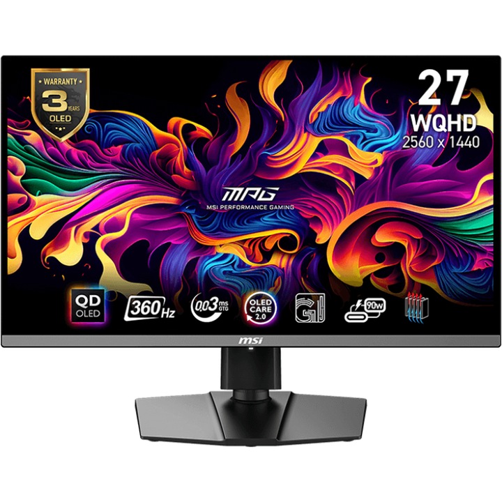Monitor Gaming MSI MPG 271QRX QD-OLED, 26,5", WQHD, 2560x1440, HDMI, DisplayPort, Pivot, AMD FreeSync Premium Pro, 360 Hz, 0,03 ms, fekete
