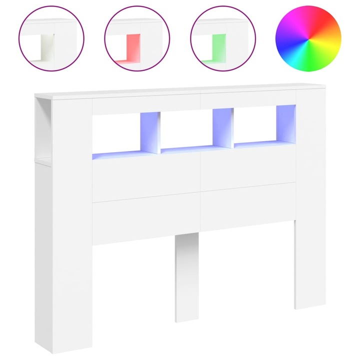 Tablie de pat cu LED vidaXL, alb, 140x18,5x103,5 cm, lemn 21.4 kg 837344