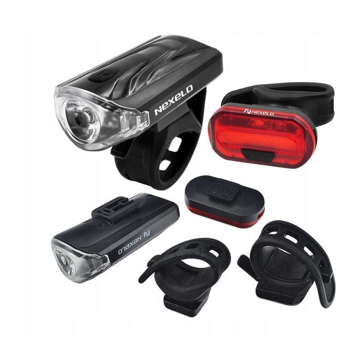 Kerékpár lámpa készlet, Nexelo, LED, Első/hátsó lámpa, Fekete