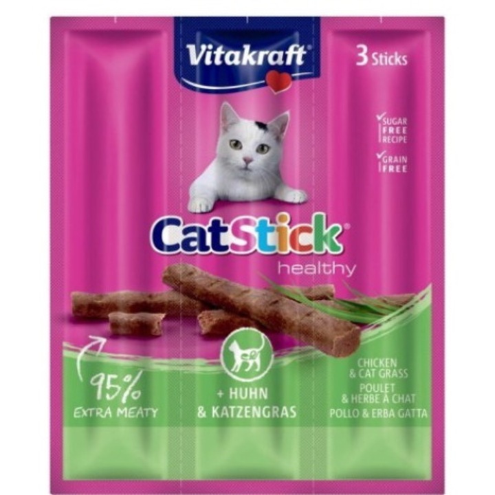 Prajiturele pentru pisici Vitakraft Cat Stick Mini, pui, fara cereale, 3 buc, 18g