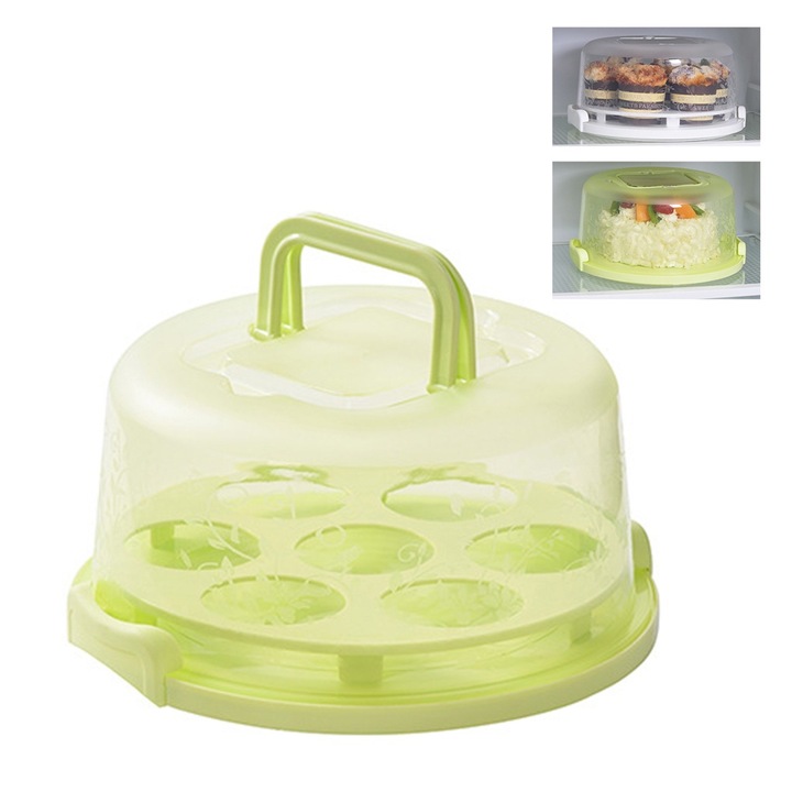 Cutie pentru tort, cu capac si manere, verde, 26x13.5x22.5cm