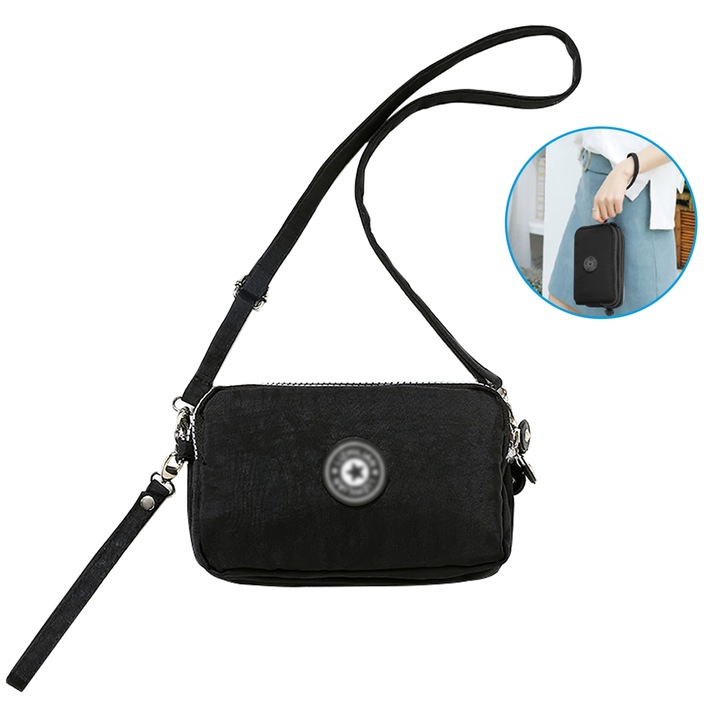 Geanta telefon QttvbTna, 3 straturi, nylon, 15.2x6x10.2cm, negru
