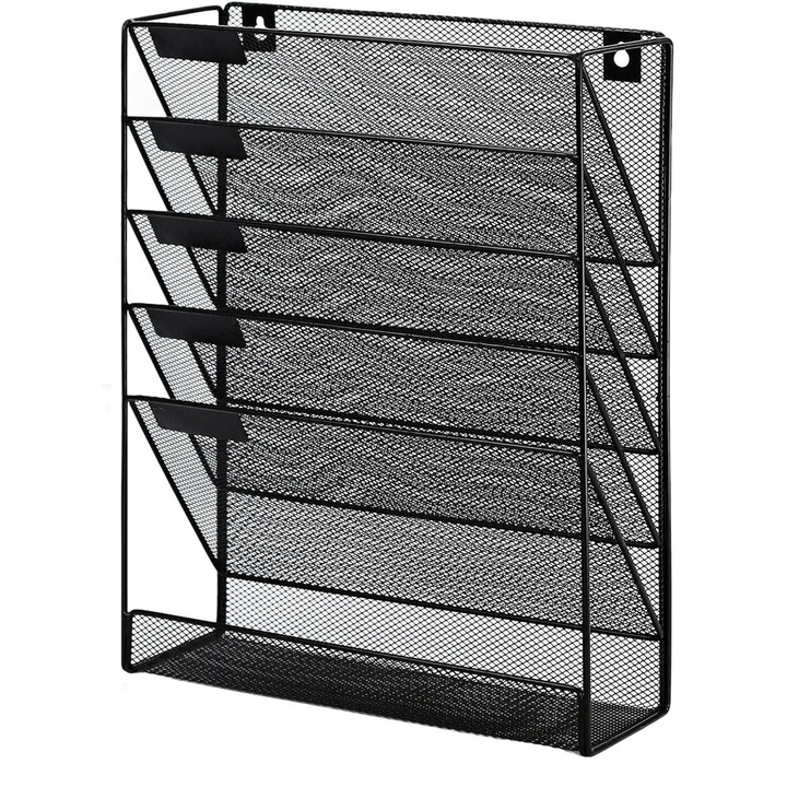 QttvbTna държач за документи, здрав метал, 6 нива, черен, стенен монтаж