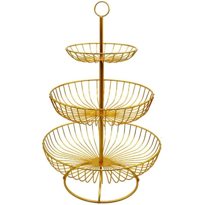 Suport fructe QttvbTna, Fier, 3 etaje, 48x30cm, Auriu