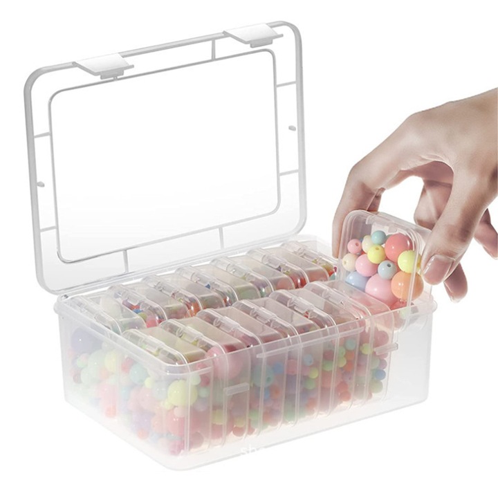 Set 14 cutii depozitare mici transparente din plastic si 1 cutie rectangulara transparenta