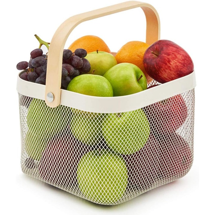 Cos fructe cu maner, QttvbTna, Metal / Lemn, 24 x 24 x 16 cm, Alb