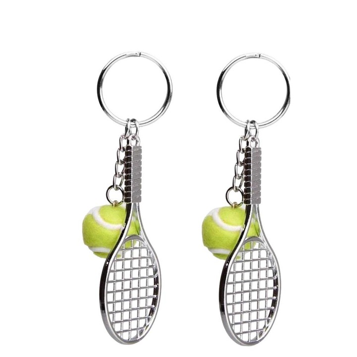 2db sport kulcstartó készlet, QttvbTna, fém, foci és tenisz, ezüst és zöld, 8x3cm