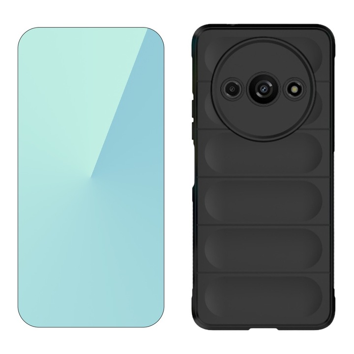 Комплект 2.5D стъклен протектор, Optically Clear Glass, Industry High 9H+ и силиконов Buffer калъф с микрофибър, За Xiaomi Redmi A3, OPTIM SOLUTION, Military-Grade Resistance, Против пръстови отпечатъци, Flexible TPU, Ergonomic Design, черен