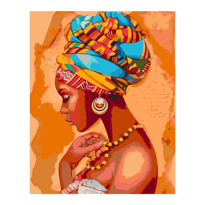 Set pictura pe numere Portret femeie 4409, panza bumbac pe rama lemn, 40x50 cm, tablou cu schita, 3 pensule si vopsea acrilica