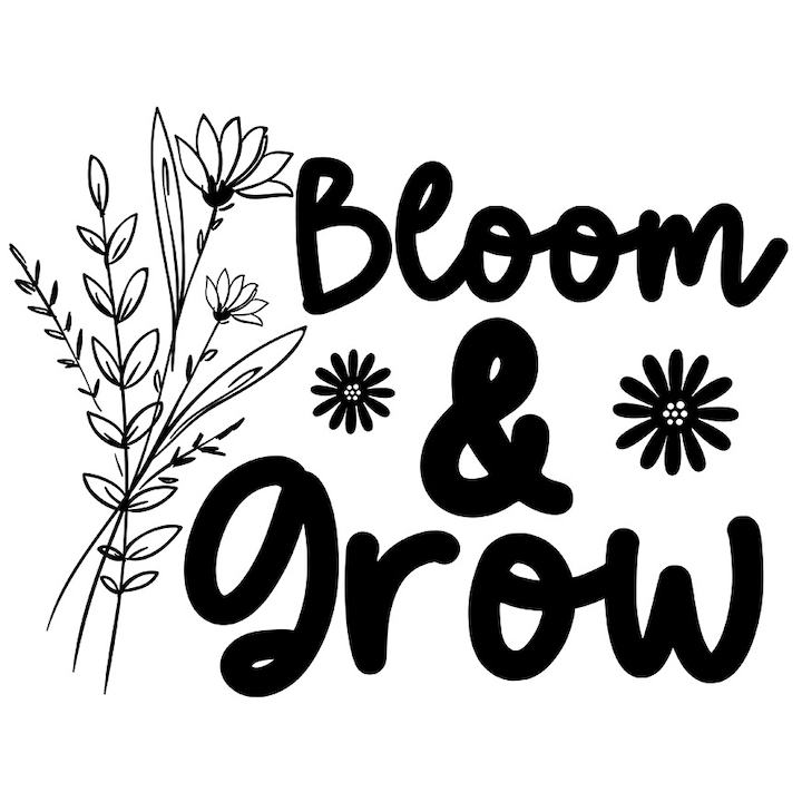Външен стикер с илюстрация, изобразяваща малко пуканки и послание "Bloom & grow" - цъфти и расте, черен винил, 90 cm