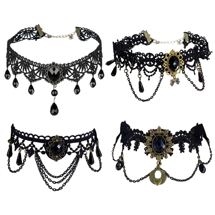 Set 4 coliere gotice, AMRINUGL, dantela\aliaj, negru