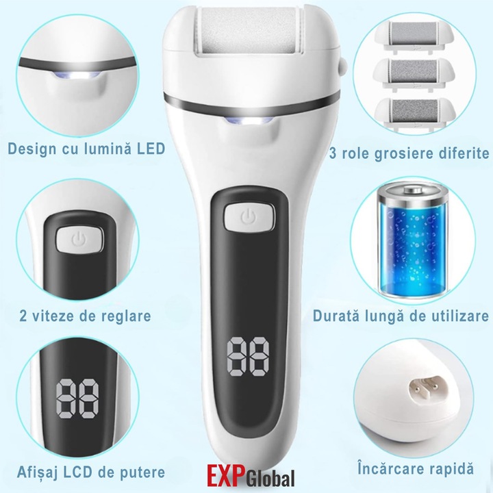 Set Pila electrica pentru talpi si calcaie, EXPGlobal, Display Digital, Led, Acumulator 1200 mAh, Incarcare USB, Impermeabil,3 role,2000 rpm, Accesorii incluse, Indepartare piele moarta, Indepartare calus, alb
