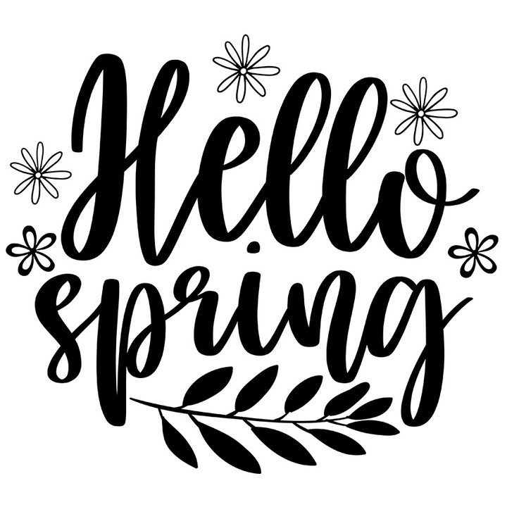 Sticker Exterior cu floricele si cu mesajul in engleza "Hello, spring" - buna primavara, Vinyl Negru, 25 cm