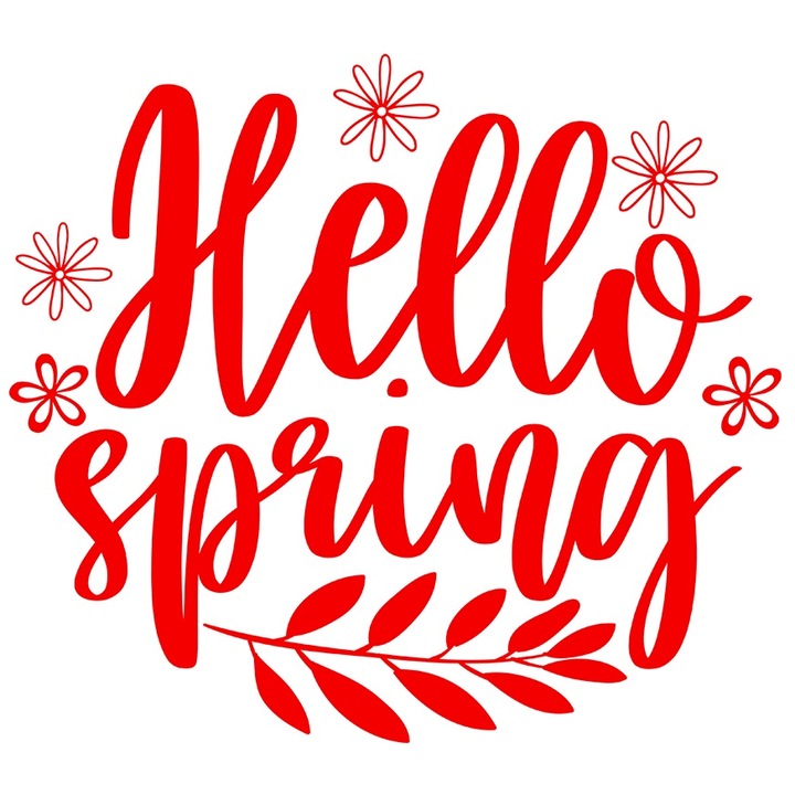 Sticker Exterior cu floricele si cu mesajul in engleza "Hello, spring" - buna primavara, Vinyl Rosu, 20 cm
