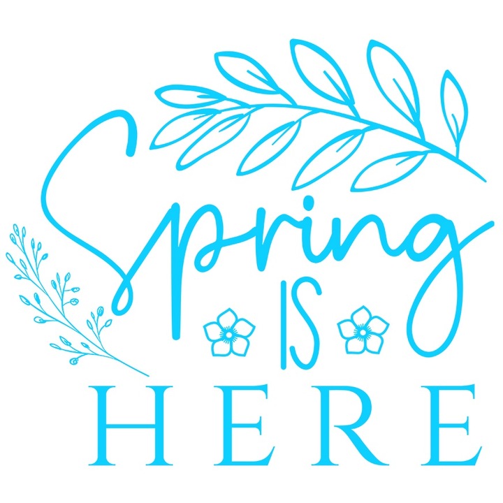 Sticker Exterior cu mesajul "Spring is here" - primavara e aici, Vinyl Albastru, 25 cm