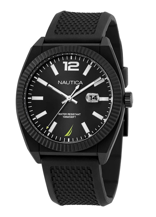 Ceas Nautica Pacific Beach, sport elegant, negru, luminescent, curea poliuretan si grau, 10 ATM, data cu lupa