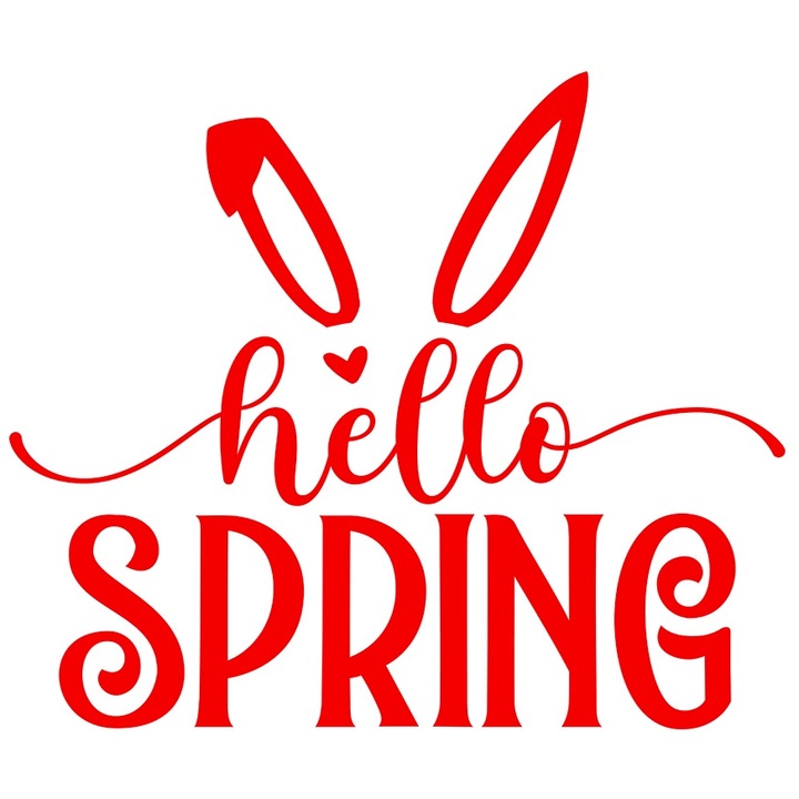 Sticker Exterior cu urechiuse de iepuras si mesajul in engleza "Hello, spring" - buna primavara, Vinyl Rosu, 25 cm