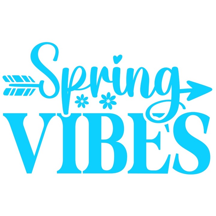 Sticker Exterior cu floricele si mesajul in limba engleza "Spring vibes" - primavara, Vinyl Albastru, 25 cm