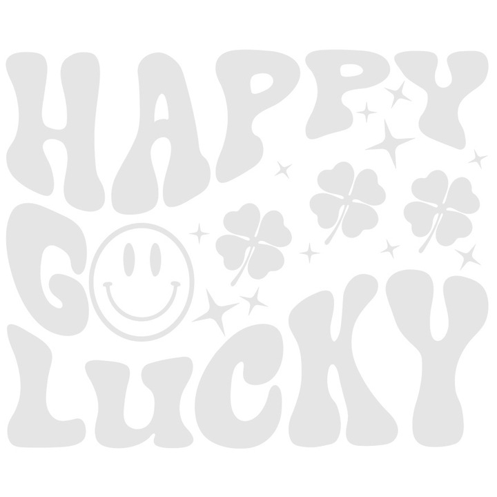 Sticker Exterior cu trifoi cu patru foi si mesaj in engleza "Happy, go lucky" - fericit norocos, Vinyl Alb, 25 cm