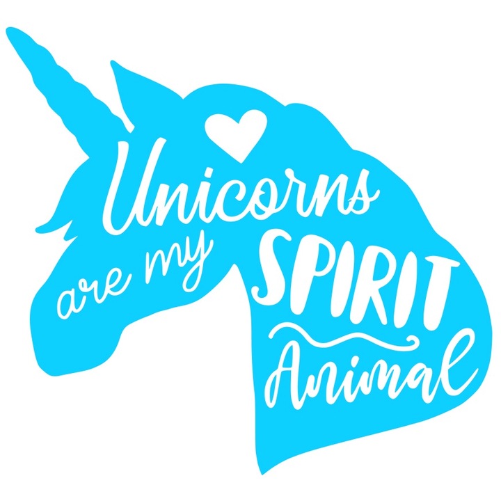 Sticker Exterior cu o figura de unicorn si o inimioara cu mesajul "Unicornii sunt animalele mele spirituale" - creaturi fantastice, Vinyl Albastru, 20 cm