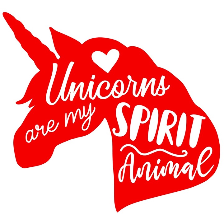 Sticker Exterior cu o figura de unicorn si o inimioara cu mesajul "Unicornii sunt animalele mele spirituale" - creaturi fantastice, Vinyl Rosu, 90 cm
