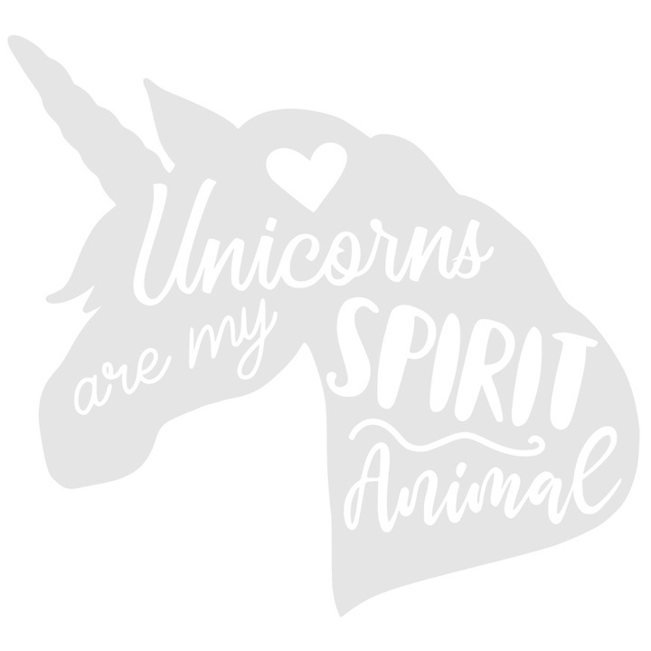 Sticker Exterior cu o figura de unicorn si o inimioara cu mesajul "Unicornii sunt animalele mele spirituale" - creaturi fantastice, Vinyl Alb, 70 cm