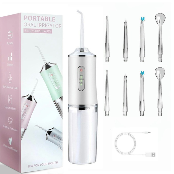 Ел. иригатор, електрически безжичен конец за зъби, 3 режима, 4 струйни накрайника, почистване и почистване с конец, бял