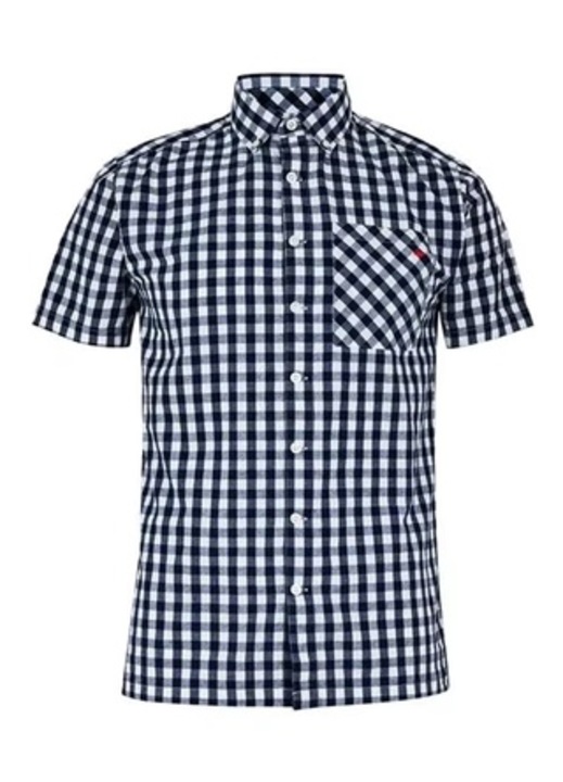 Camasa barbateasca Lee Cooper, bumbac, carouri, maneca scurta, albastru/alb, Alb/Negru