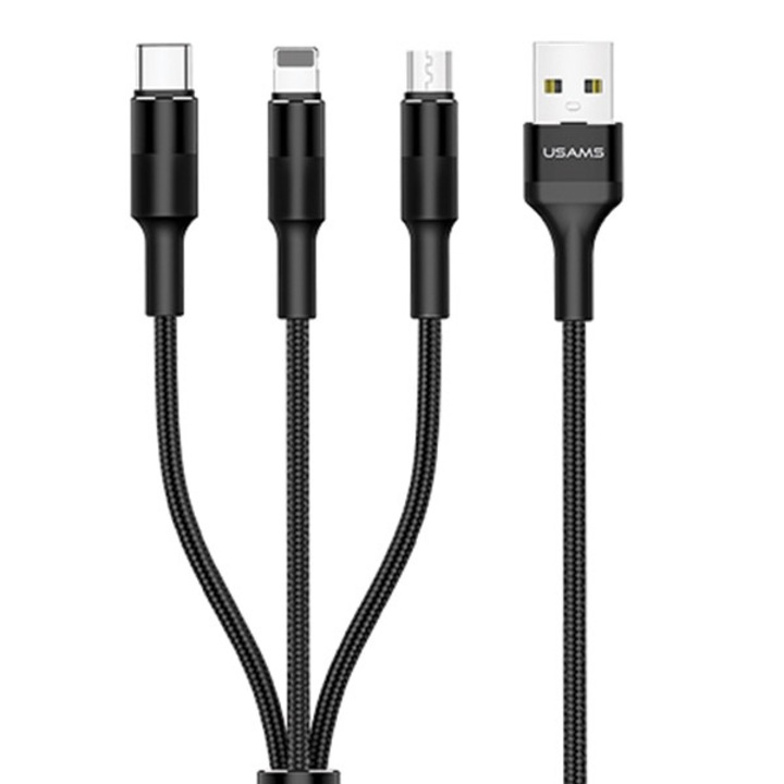 Кабел за данни 3 в 1, Usams U5, lightning/microUSB/USB-C, найлон, 1,5 м, черен