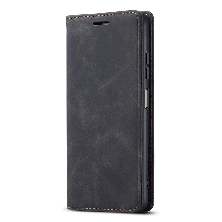 UIQ кожен калъф-книга за Samsung Galaxy S24 Plus, магнитно затваряне, джоб за карта, фин шев, функция стойка, първокласни материали, черен