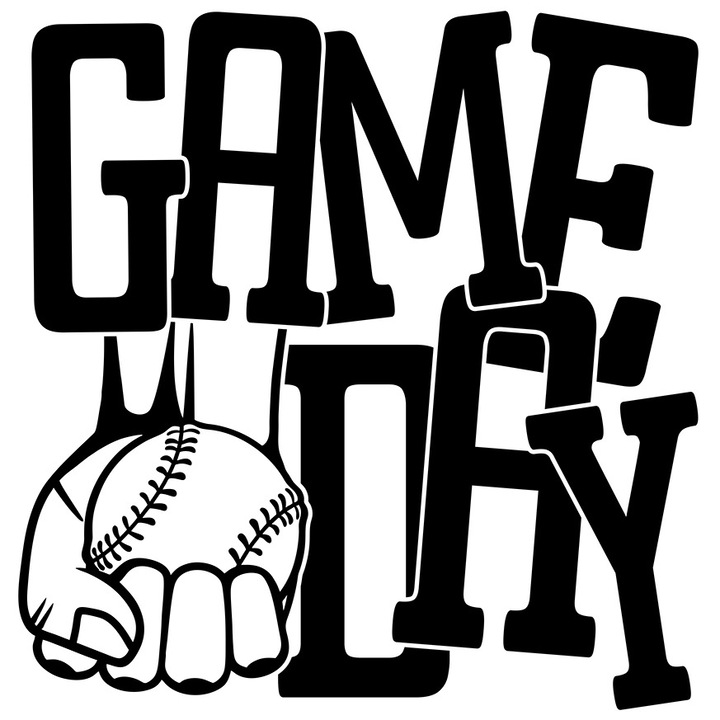 Sticker Exterior cu o minge de baseball si textul in limba engleza "Game day" - ziua meciului, Vinyl Negru, 70 cm