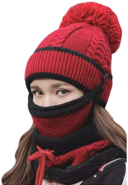 Set Caciula/Esarfa/Masca dama, din Tricot, 8x38x64 cm, rosu/negru, Bumbac, 64 cm