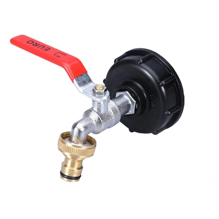 QttvbTna dupla esőgyűjtő csaptelep, IBC tartály adapter, műanyag és PVC, 13,5x13,3x4,5 cm