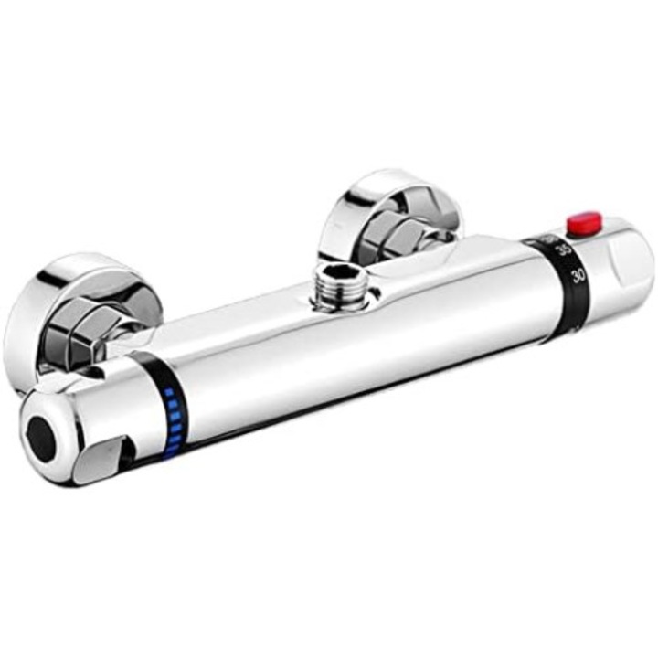 Смесител за душ QttvbTna, термостатен, стенен монтаж, прецизна регулация на температурата, сребрист