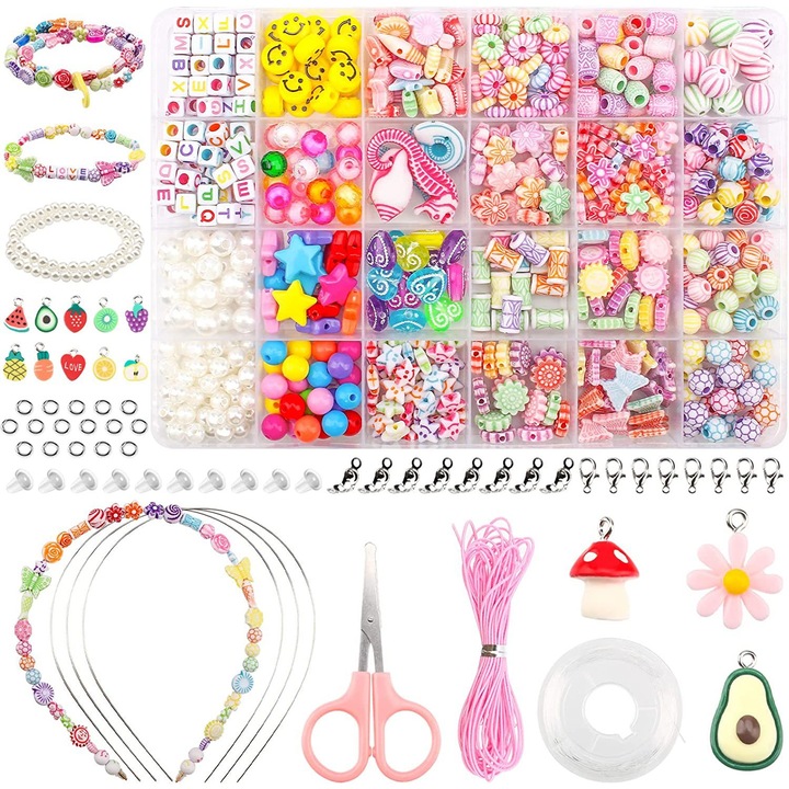 Set 500 piese pentru artizanat, QttvbTna, Margele acrilice, 6+, Multicolor