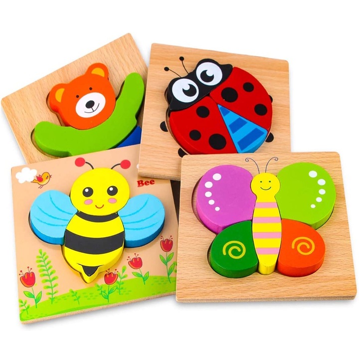 4 db fa puzzle készlet, QttvbTna, Montessori, Állatok, Többszínű, 14,8x14,8 cm