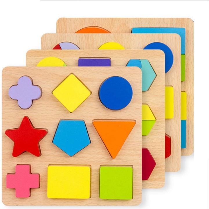 4 db-os fa puzzle készlet, QttvbTna, geometriai formák, színválogatás, Montessori, babáknak