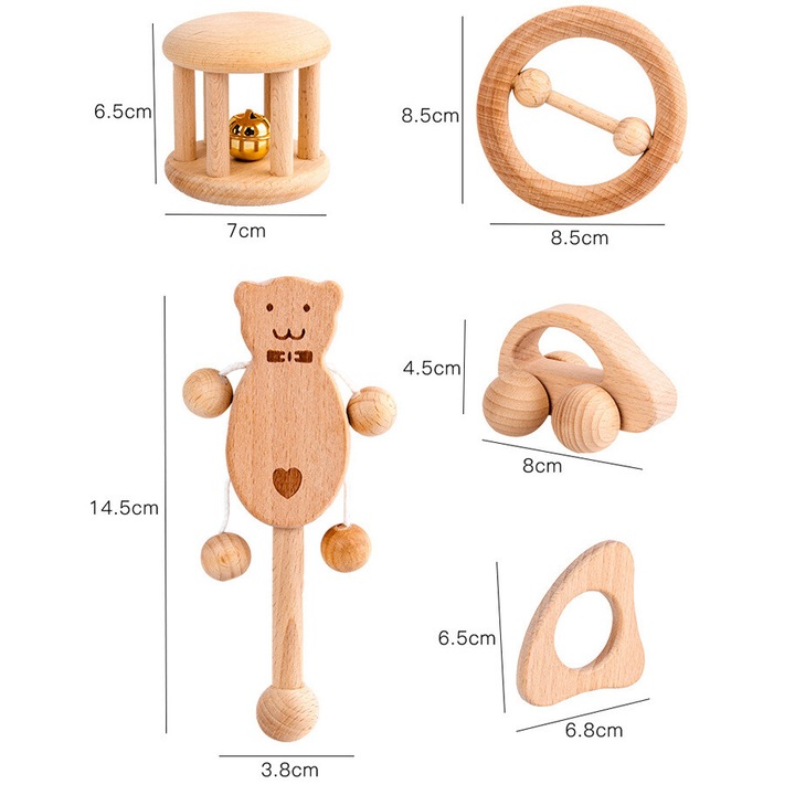 5 db-os játékkészlet, Jormftte, bükkfa, csörgő és autó, többszínű