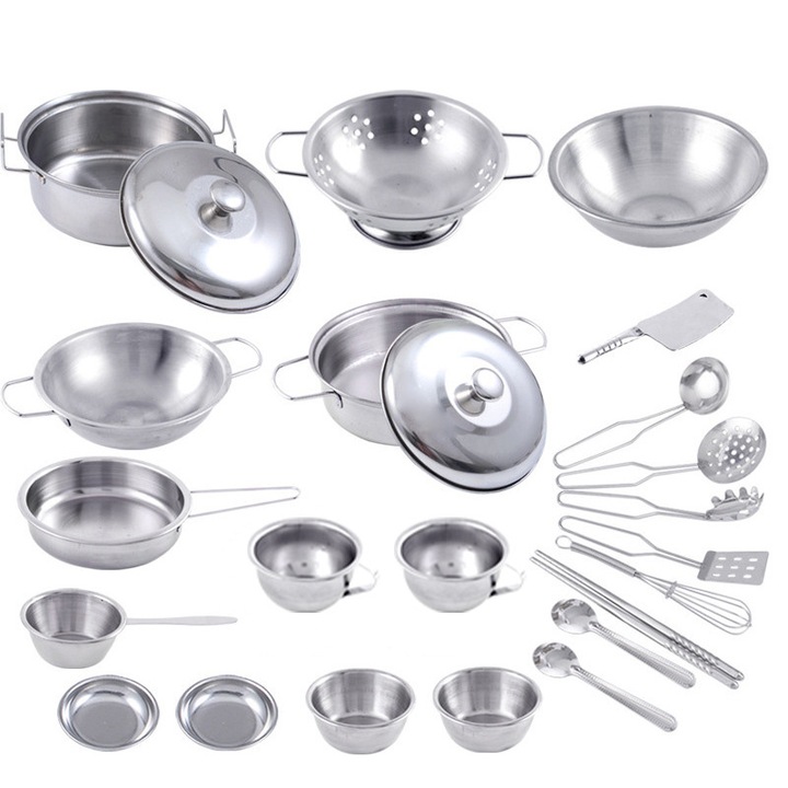 Set de bucatarie pentru copii, QttvbTna, 25 piese, inox, argintiu, 15x11.5x21cm