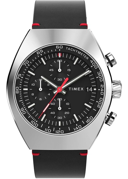 Мъжки часовник Timex Trend Legacy Tonneau Chronograph, кожена каишка, месингов корпус, черен, водоустойчив 50м