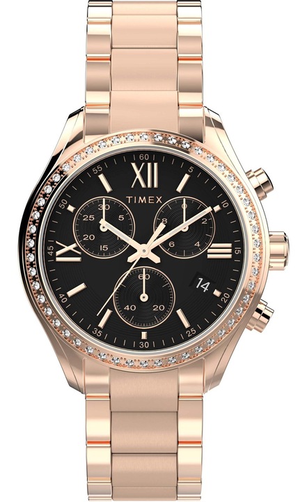 Ceas de dama Timex Dress Chronograph, cronograf, roz gold, cadran negru, 30m rezistent la apa, alama