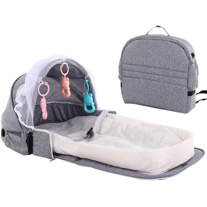 Преносима и сгъваема бебешка кошара тип торба NEXTLY, подвижен сенник, мрежа против насекоми, включени висящи играчки, свалящ се и перящ се материал, дишащ памук