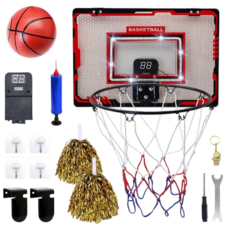 Cos de baschet mini pentru copii ZADORYA™, panou scor electronic, de interior si exterior, panou cu lumini LED, 2x pompoane, breloc, minge si pompa de umflat incluse